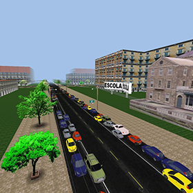 View of a virtual street with cars